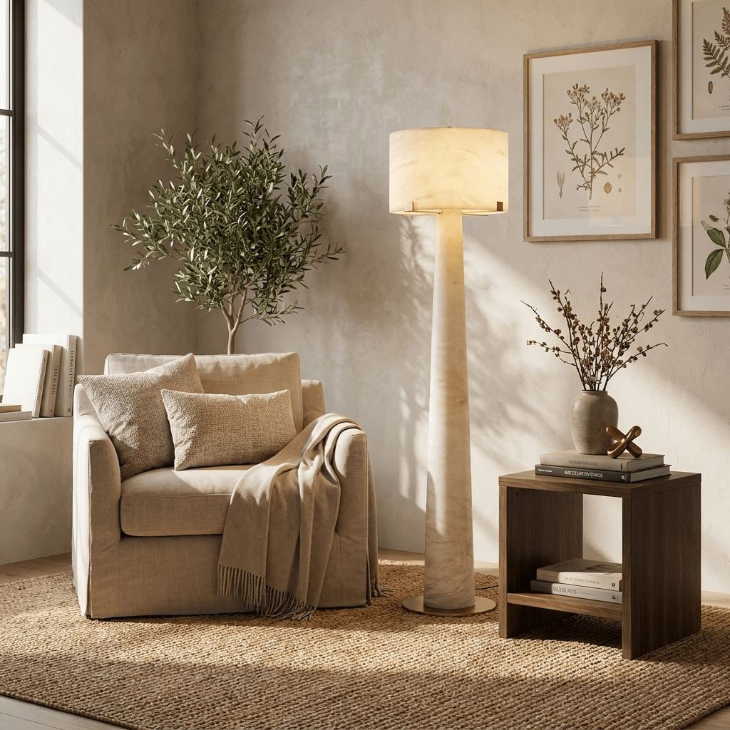 Aterion Alabaster Floor Lamp – Solid Stone & Brass Standing Light