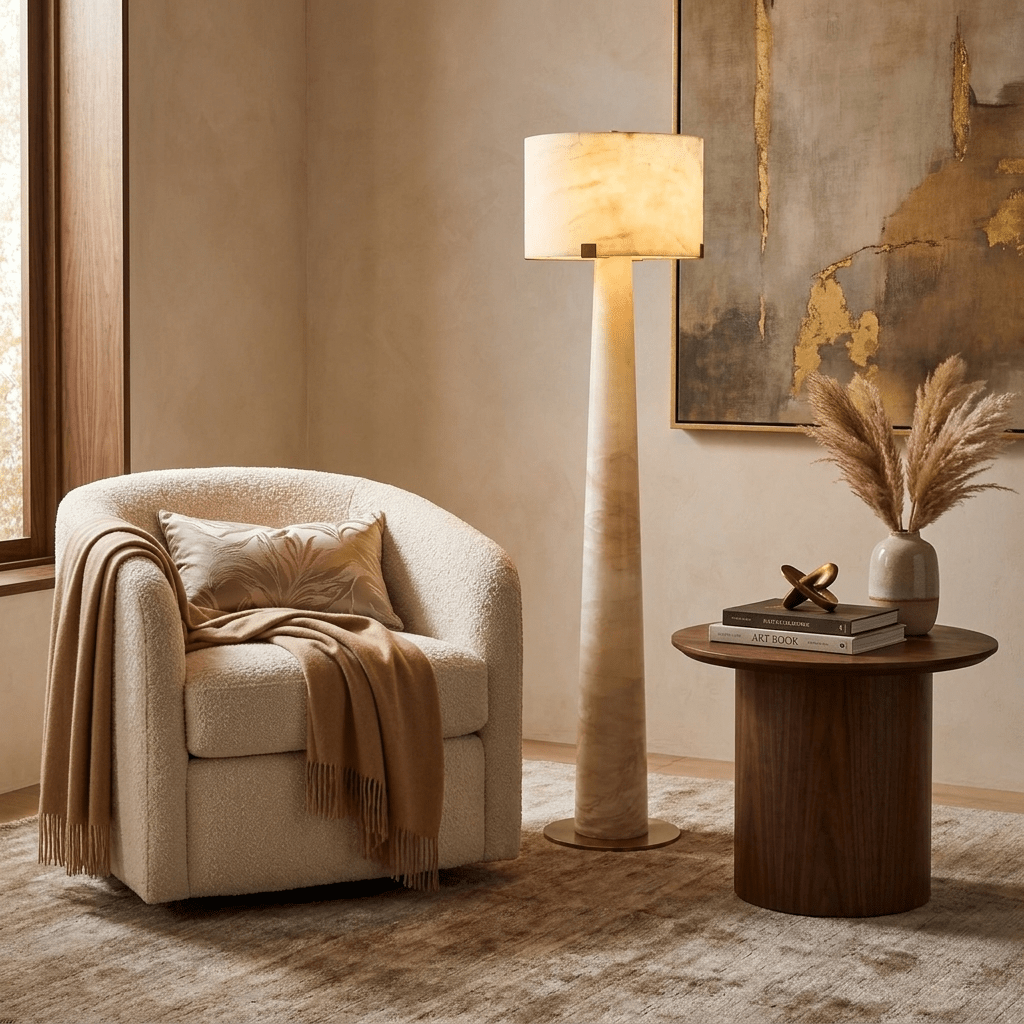 Aterion Alabaster Floor Lamp – Solid Stone & Brass Standing Light