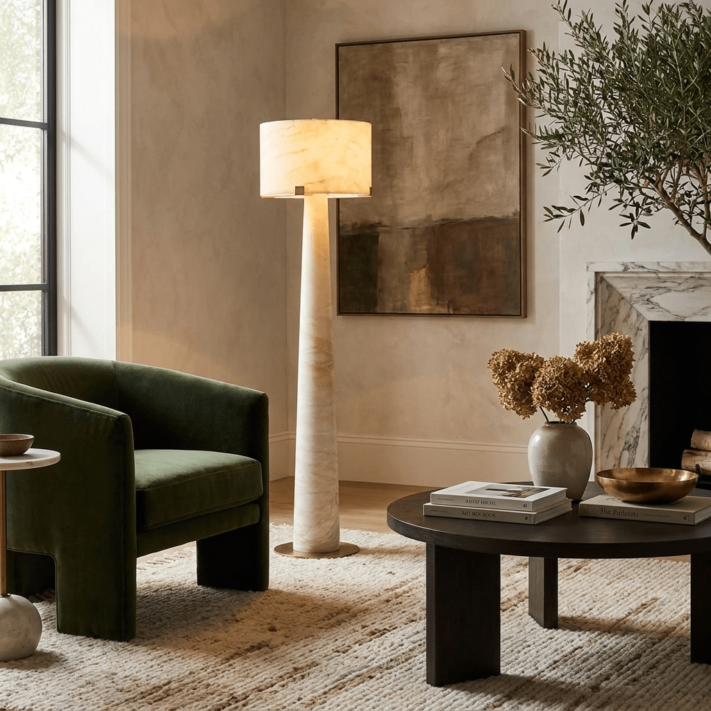 Aterion Alabaster Floor Lamp – Solid Stone & Brass Standing Light