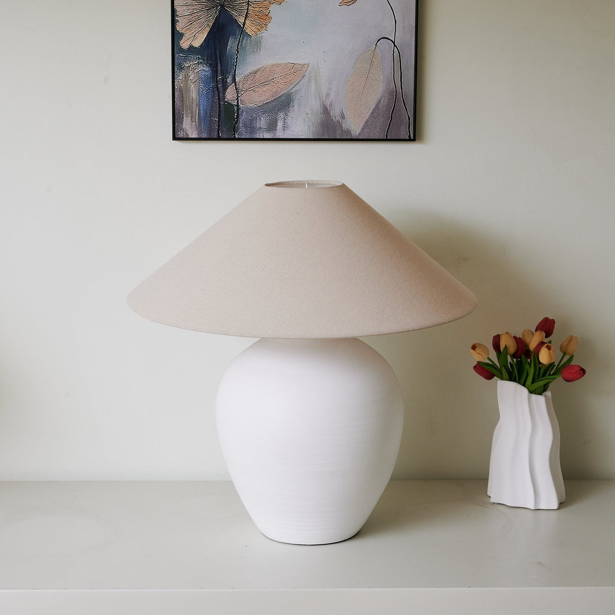Aterra Ceramic Table Lamp – Minimalist White & Linen Designer Lamp