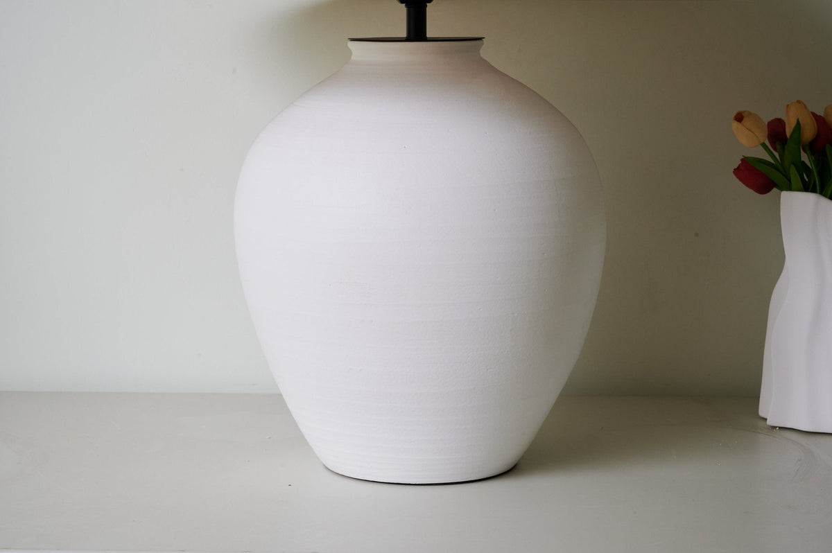 Aterra Ceramic Table Lamp – Minimalist White & Linen Designer Lamp
