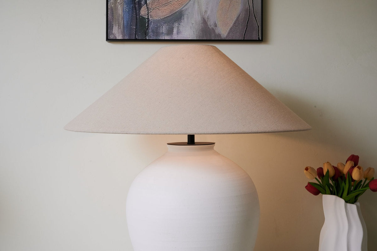 Aterra Ceramic Table Lamp – Minimalist White & Linen Designer Lamp