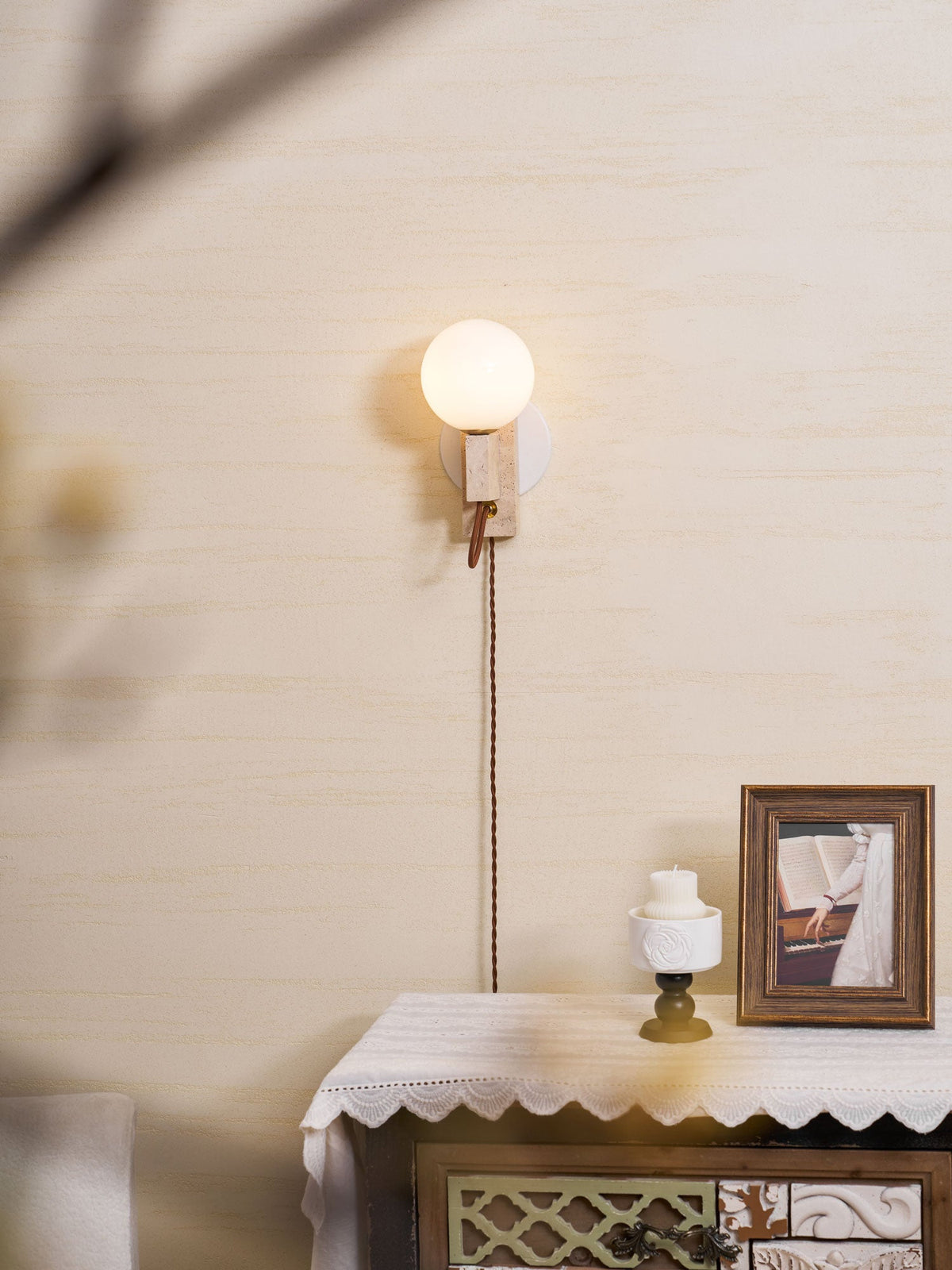 Atlas Globe Wall Sconce in Travertine and Opal Glass