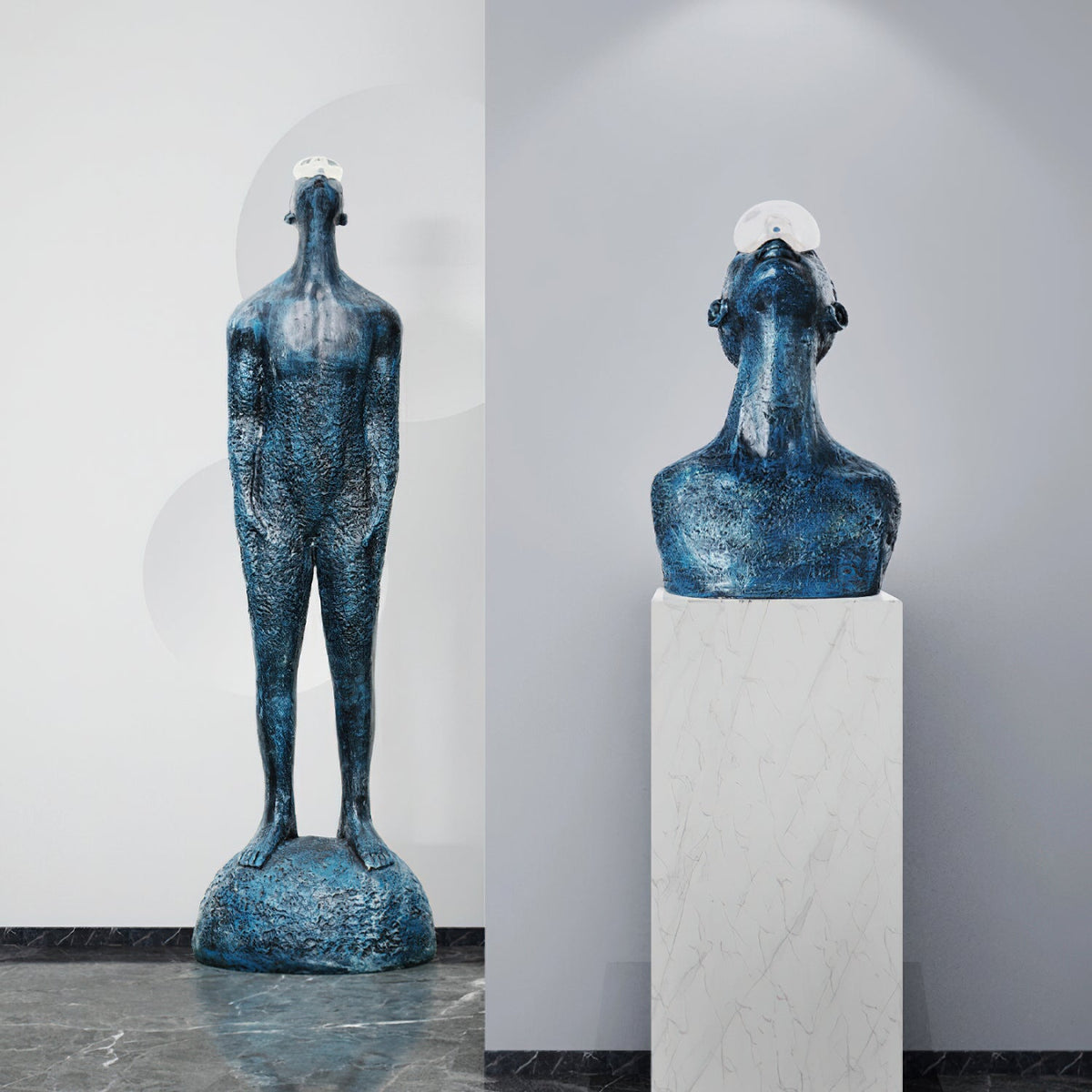 Atlas Guardian Sculpture Table Ornament – Blue Textured Figurine for Modern Interiors