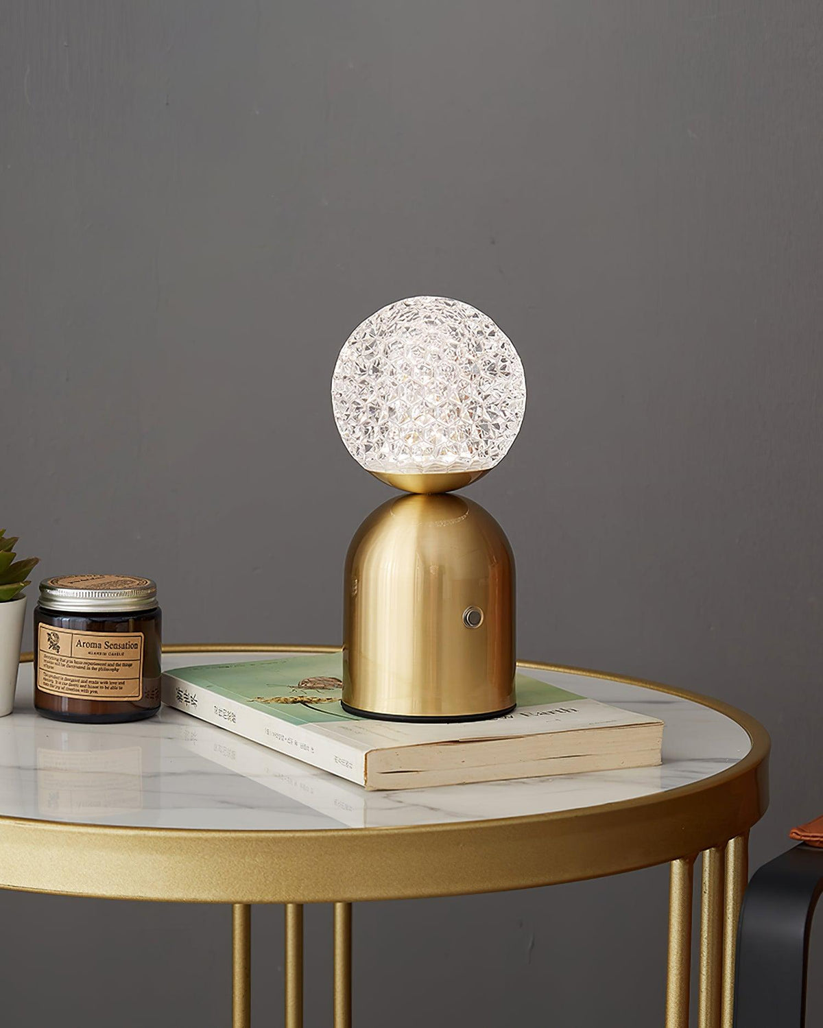 Atlas Portable Brass LED Table Lamp with Diamond-Cut Acrylic Shade
