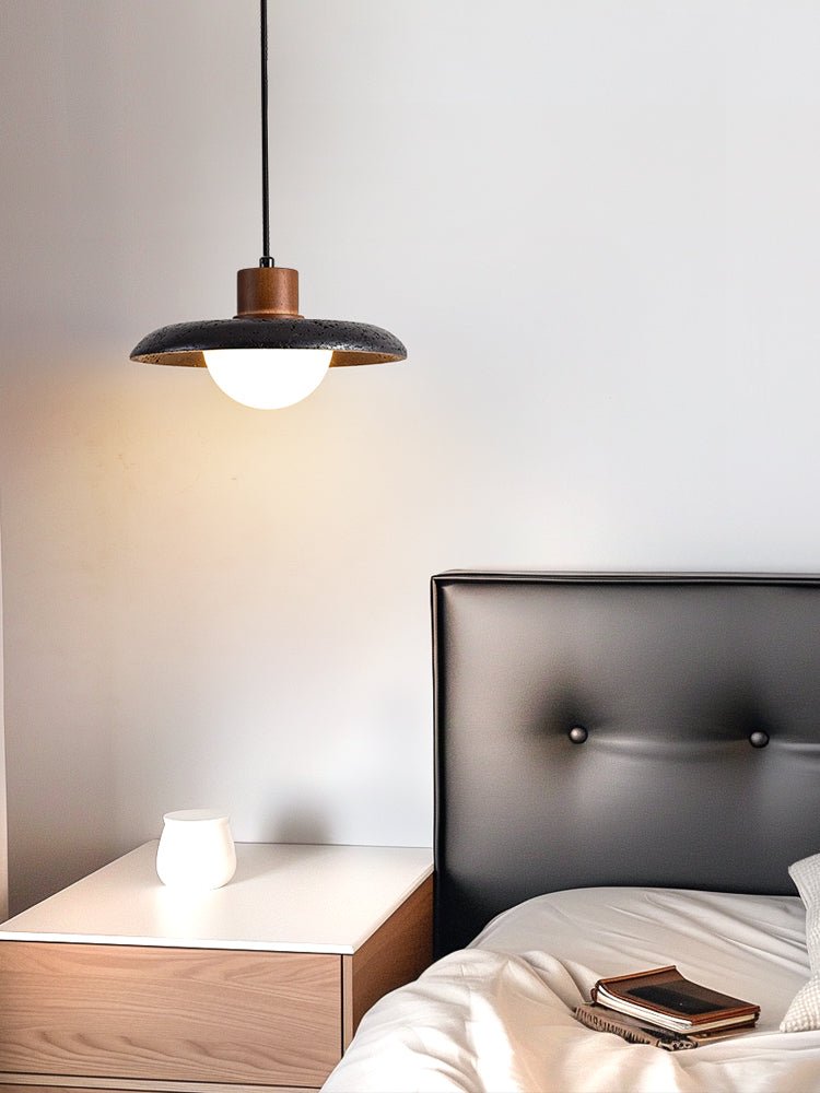 Atria Stone Dome Pendant Light in Black Travertine and Walnut