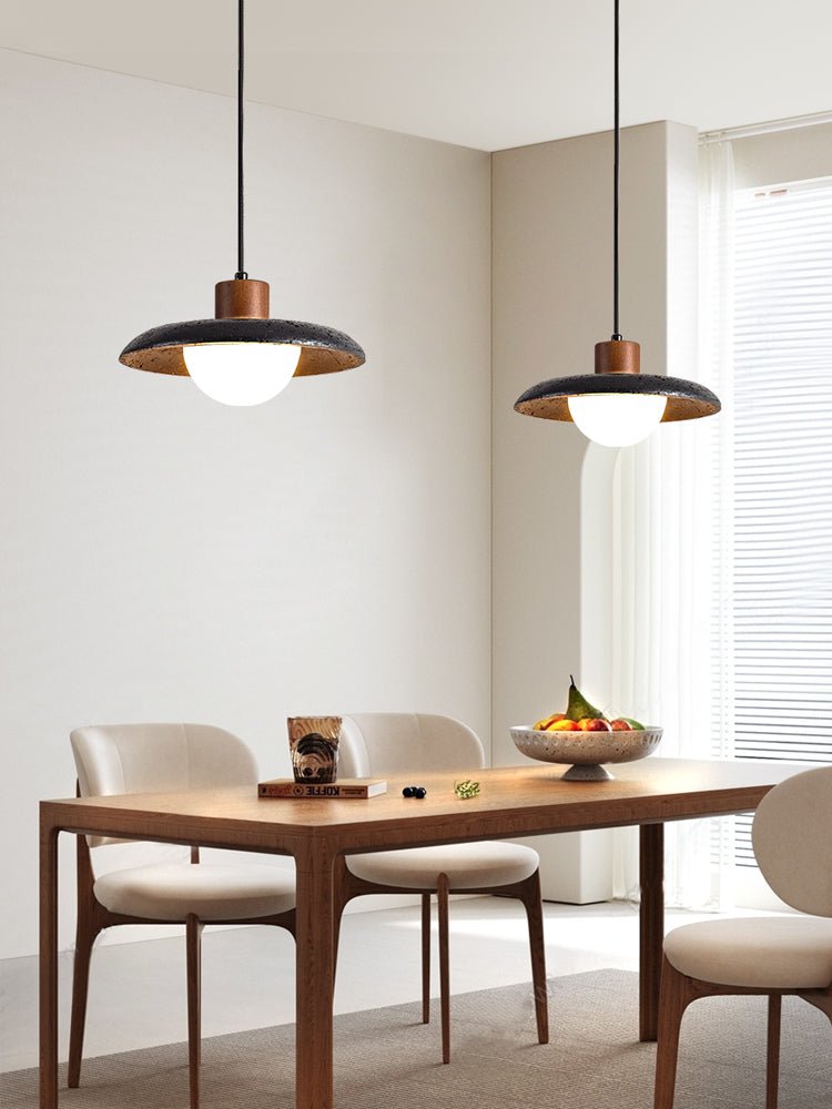 Atria Stone Dome Pendant Light in Black Travertine and Walnut