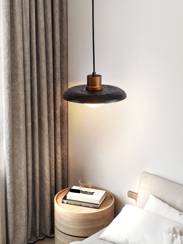 Atria Stone Dome Pendant Light in Black Travertine and Walnut