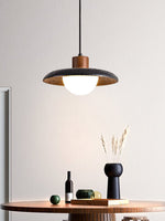 Atria Stone Dome Pendant Light in Black Travertine and Walnut