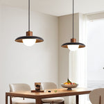 Atria Stone Dome Pendant Light in Black Travertine and Walnut