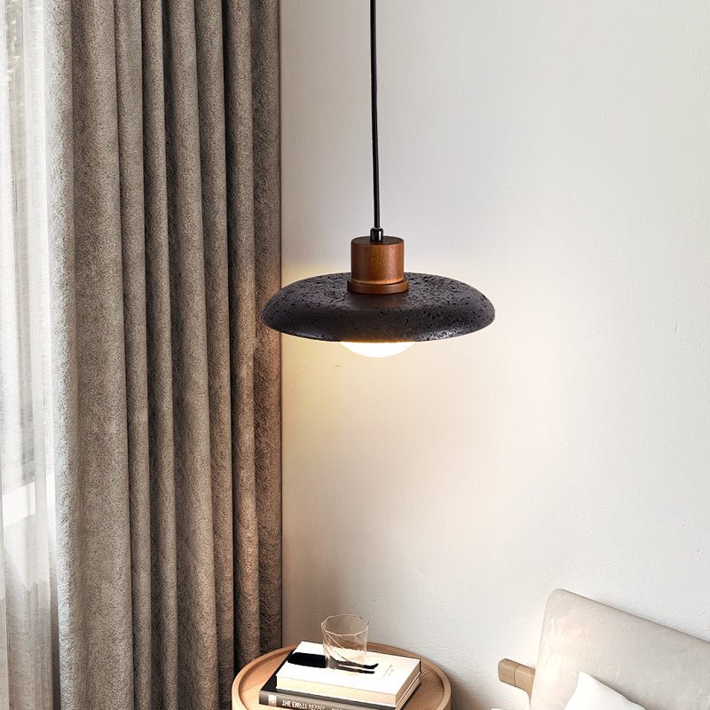 Atria Stone Dome Pendant Light in Black Travertine and Walnut