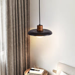 Atria Stone Dome Pendant Light in Black Travertine and Walnut