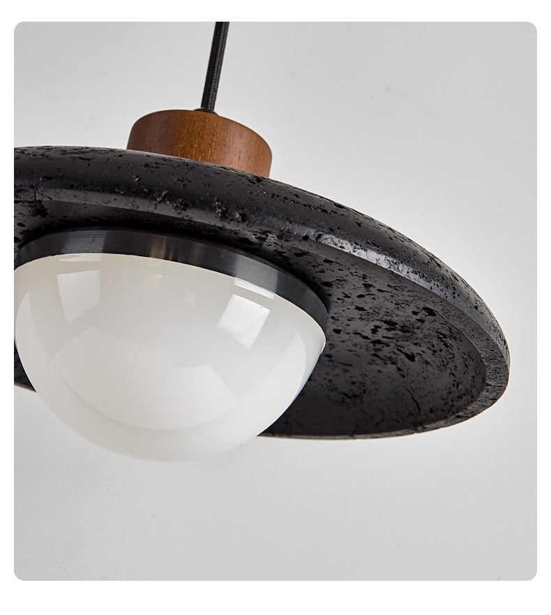 Atria Stone Dome Pendant Light in Black Travertine and Walnut