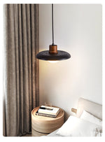 Atria Stone Dome Pendant Light in Black Travertine and Walnut