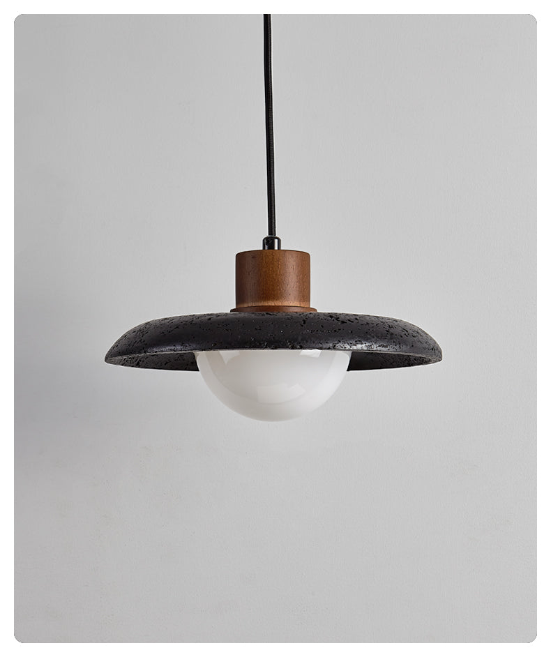 Atria Stone Dome Pendant Light in Black Travertine and Walnut