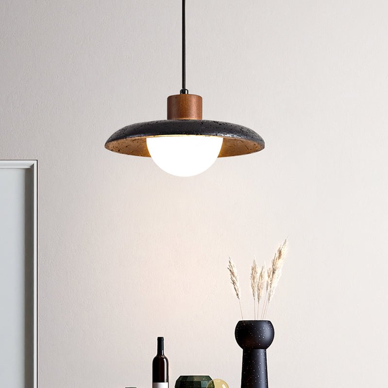 Atria Stone Dome Pendant Light in Black Travertine and Walnut