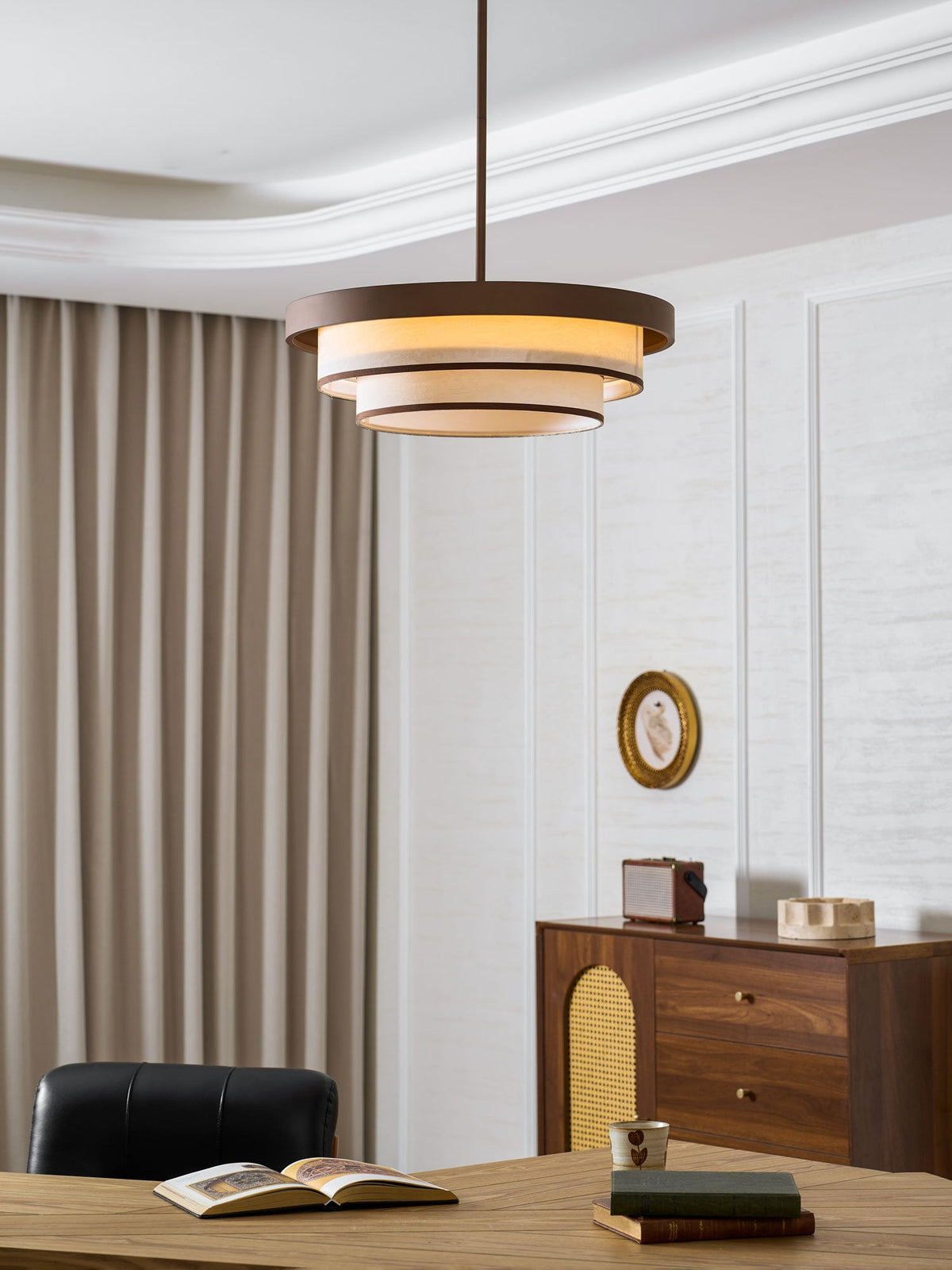 Auralyn Pendant Light – Sculptural Fabric Shade with Bronze Accents
