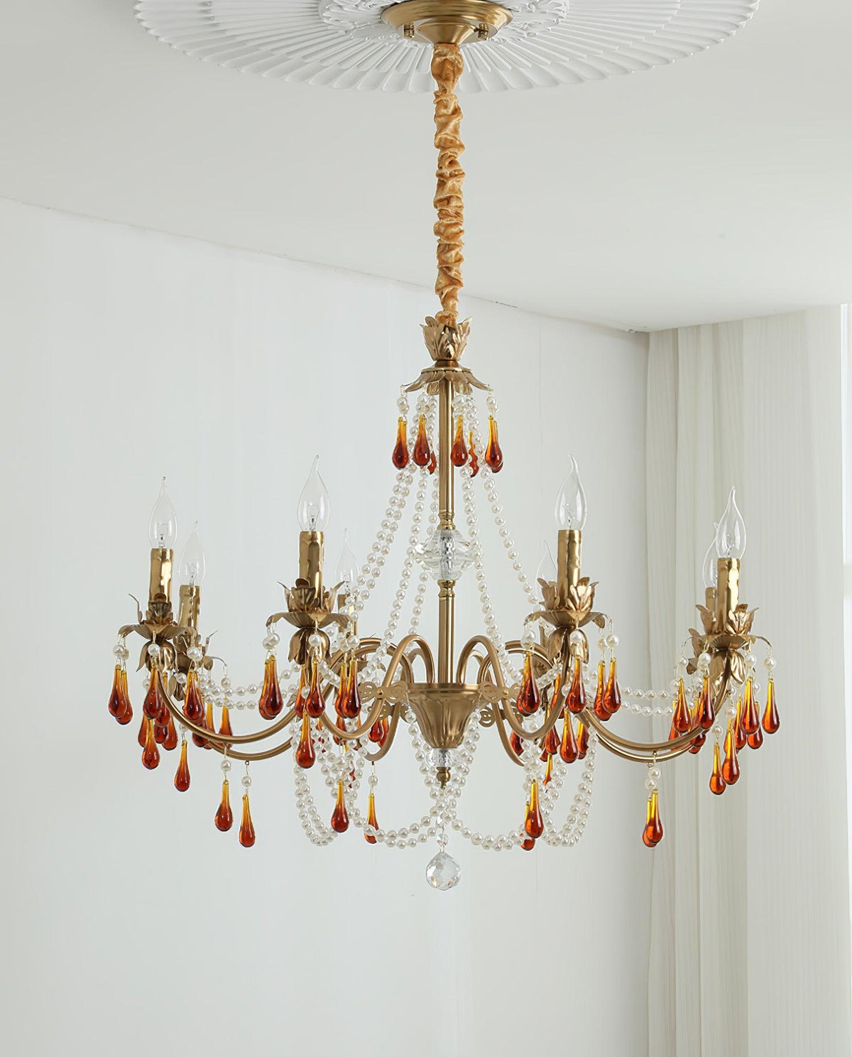 Aureate Amber Crystal Chandelier – Gold Brass Pendant Light for Dining Room
