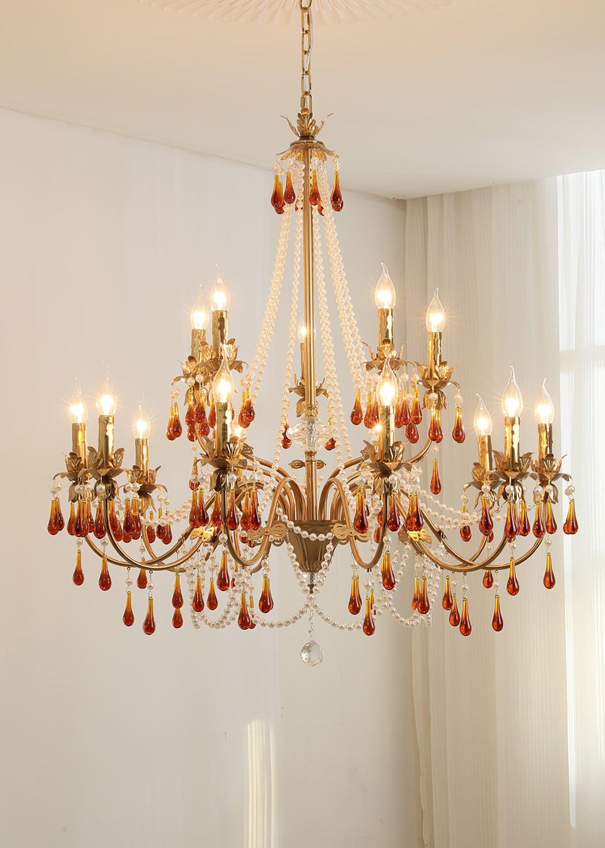 Aureate Amber Crystal Chandelier – Gold Brass Pendant Light for Dining Room