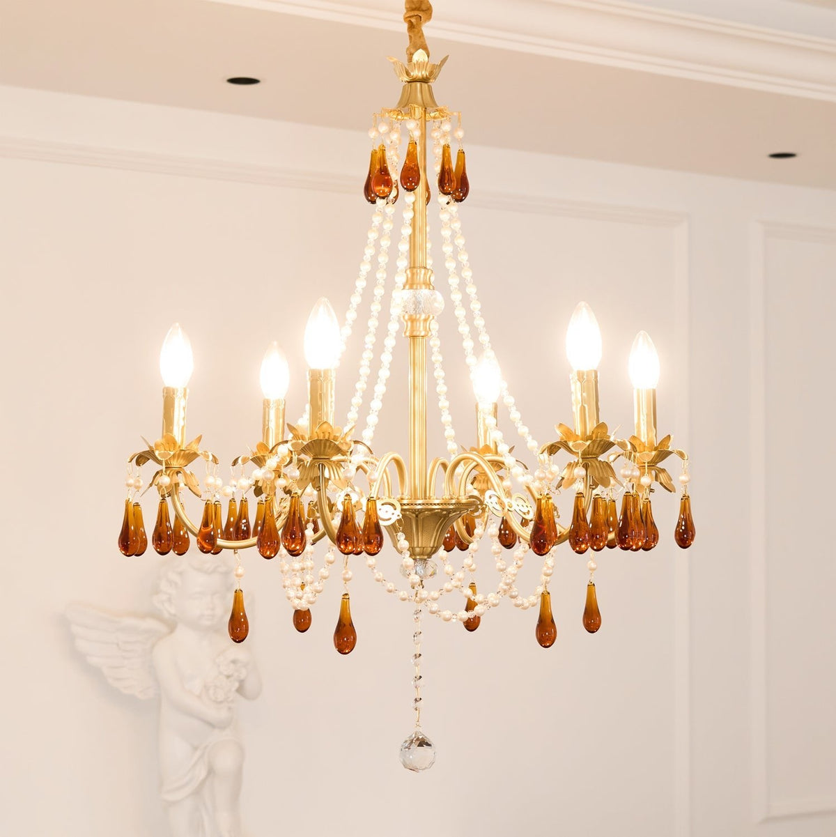 Aureate Amber Crystal Chandelier – Gold Brass Pendant Light for Dining Room