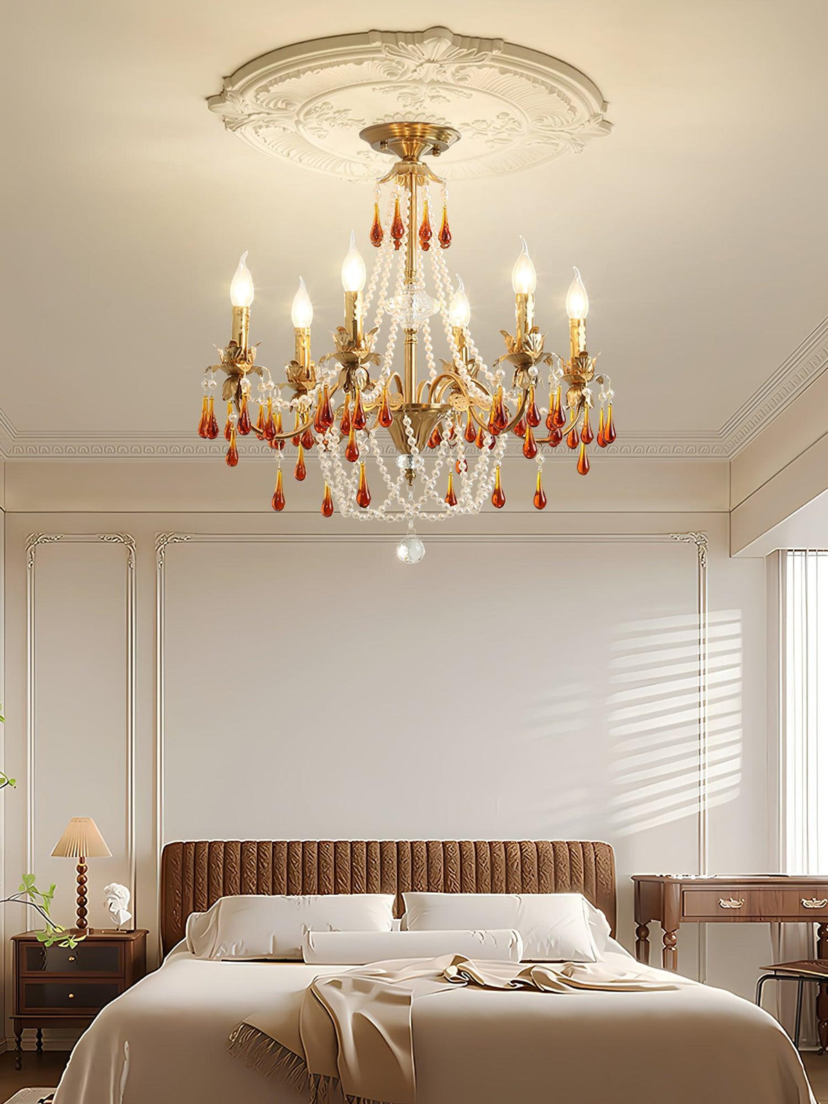 Aureate Amber Crystal Chandelier – Gold Brass Pendant Light for Dining Room
