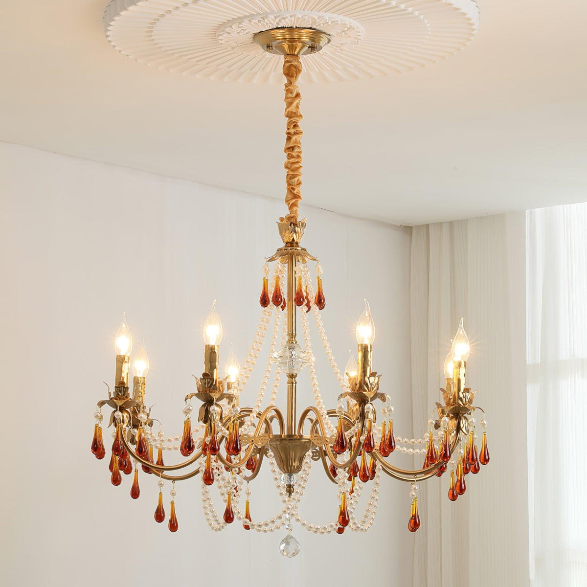 Aureate Amber Crystal Chandelier – Gold Brass Pendant Light for Dining Room