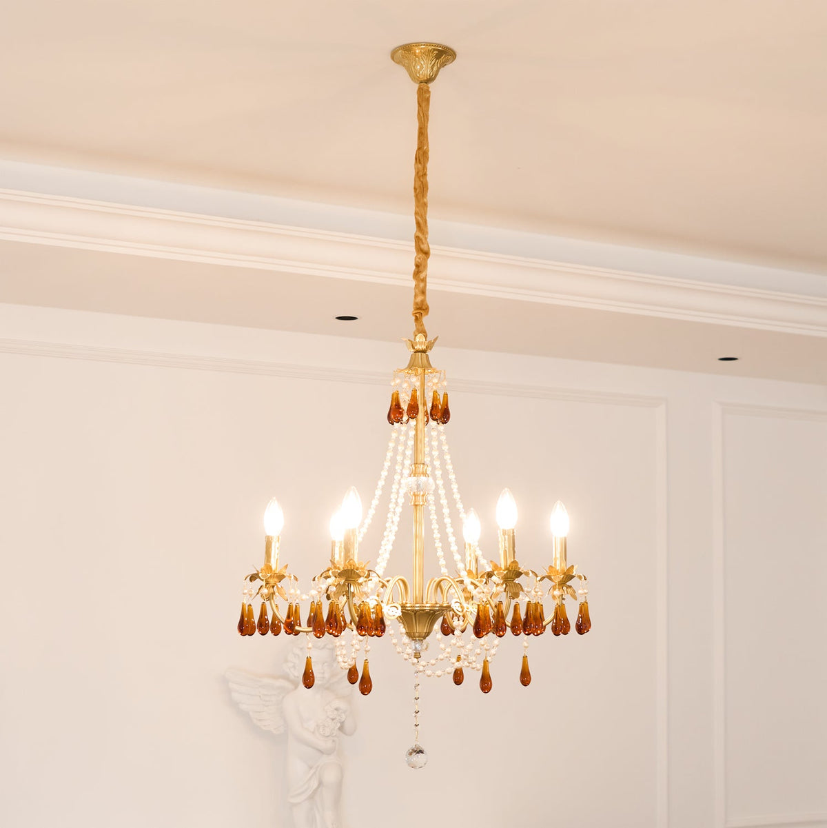 Aureate Amber Crystal Chandelier – Gold Brass Pendant Light for Dining Room