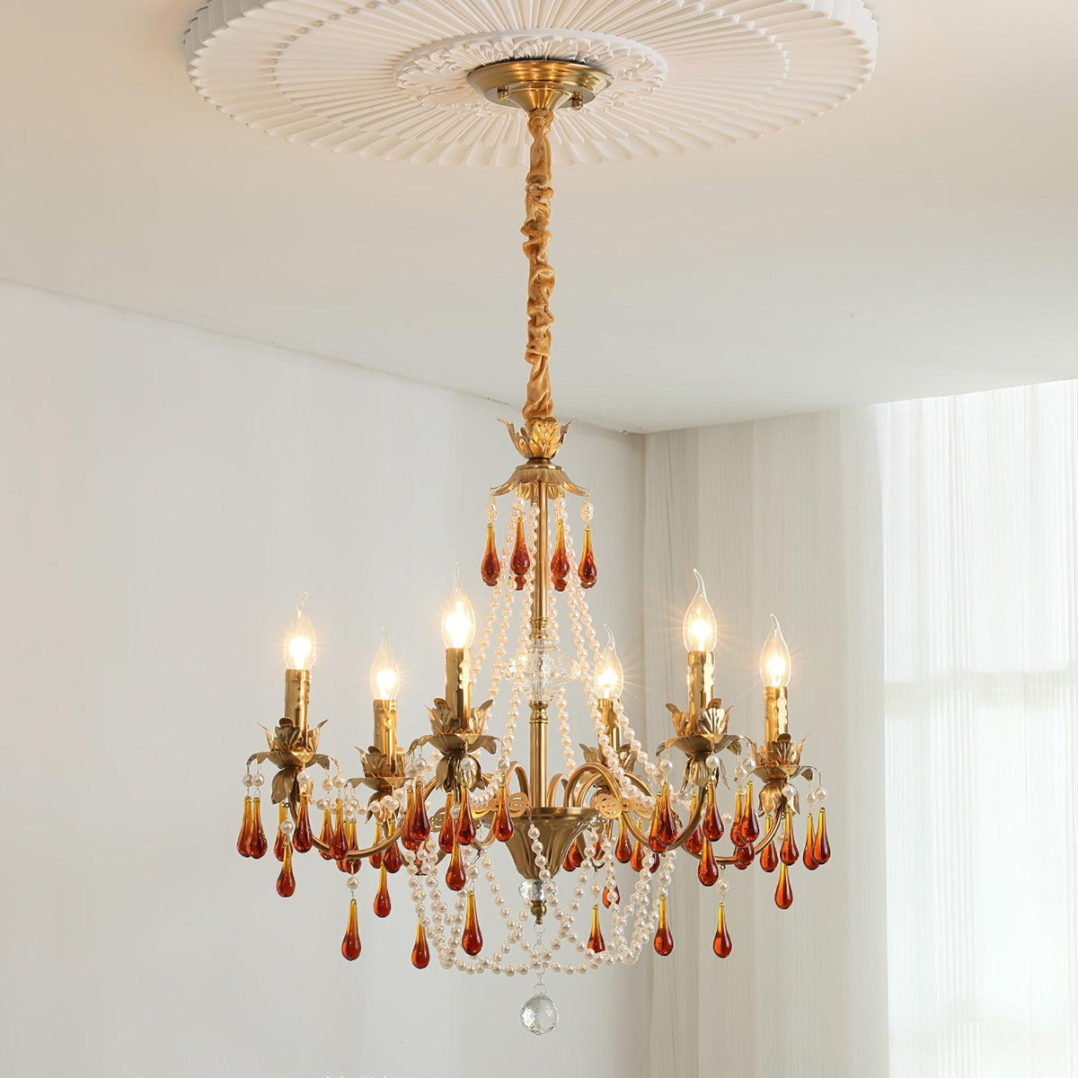 Aureate Amber Crystal Chandelier – Gold Brass Pendant Light for Dining Room