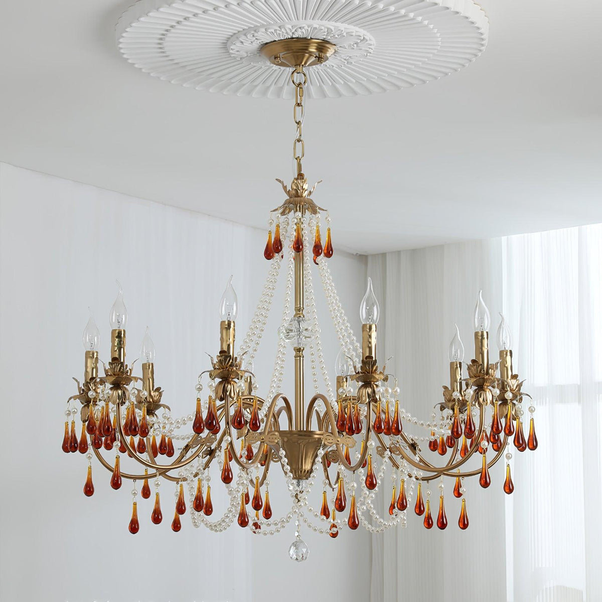 Aureate Amber Crystal Chandelier – Gold Brass Pendant Light for Dining Room