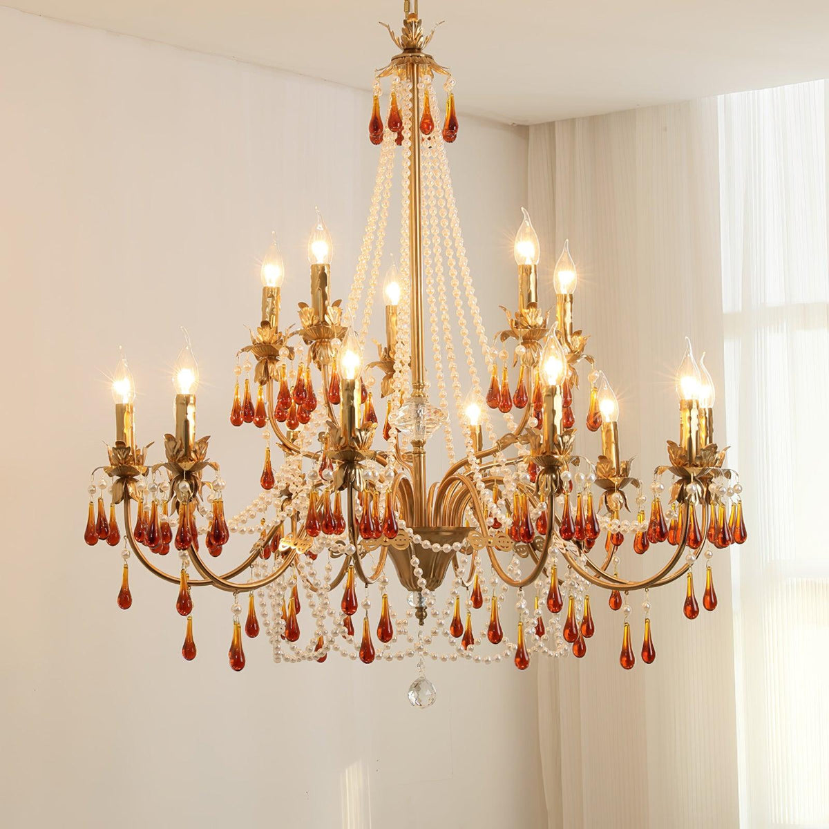 Aureate Amber Crystal Chandelier – Gold Brass Pendant Light for Dining Room
