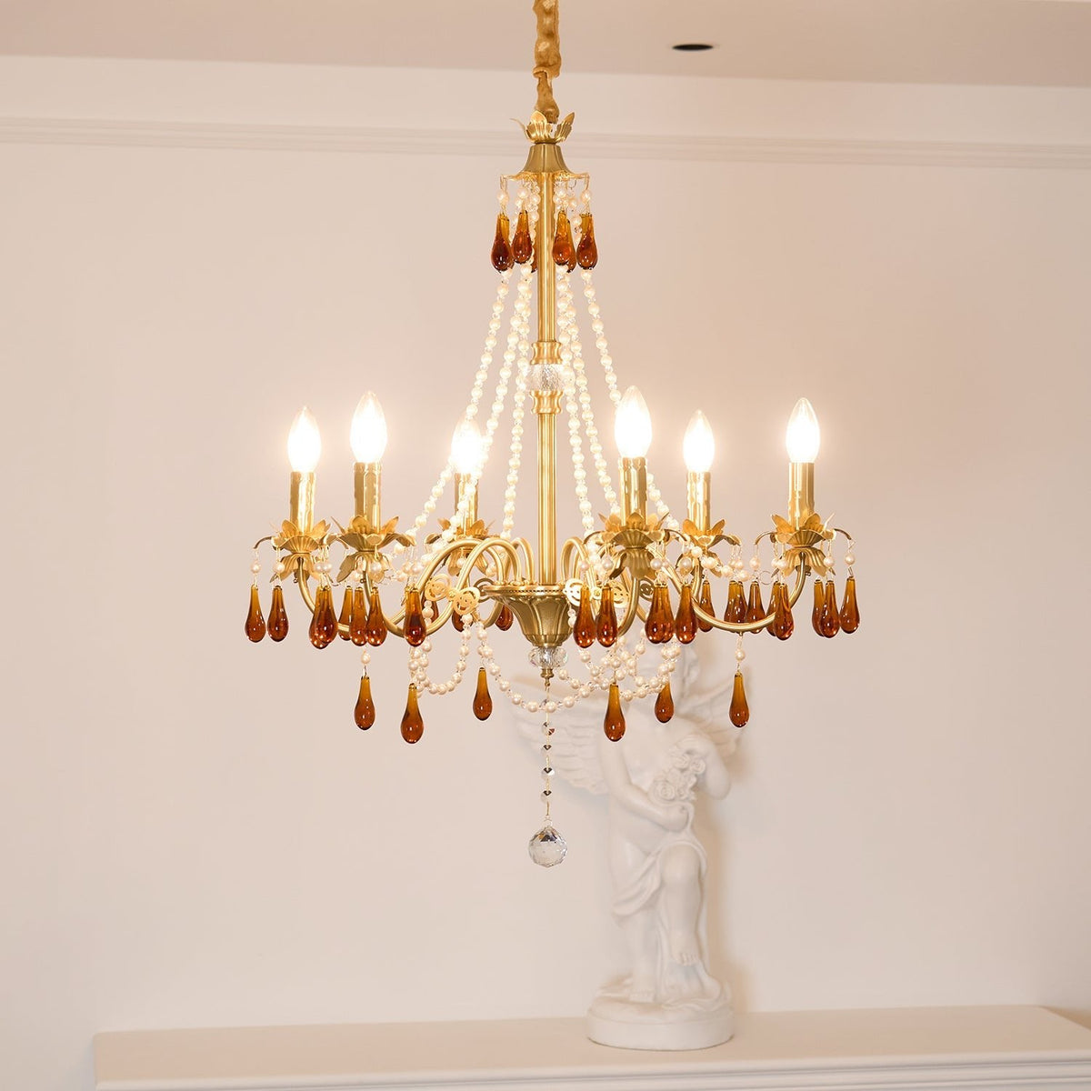 Aureate Amber Crystal Chandelier – Gold Brass Pendant Light for Dining Room