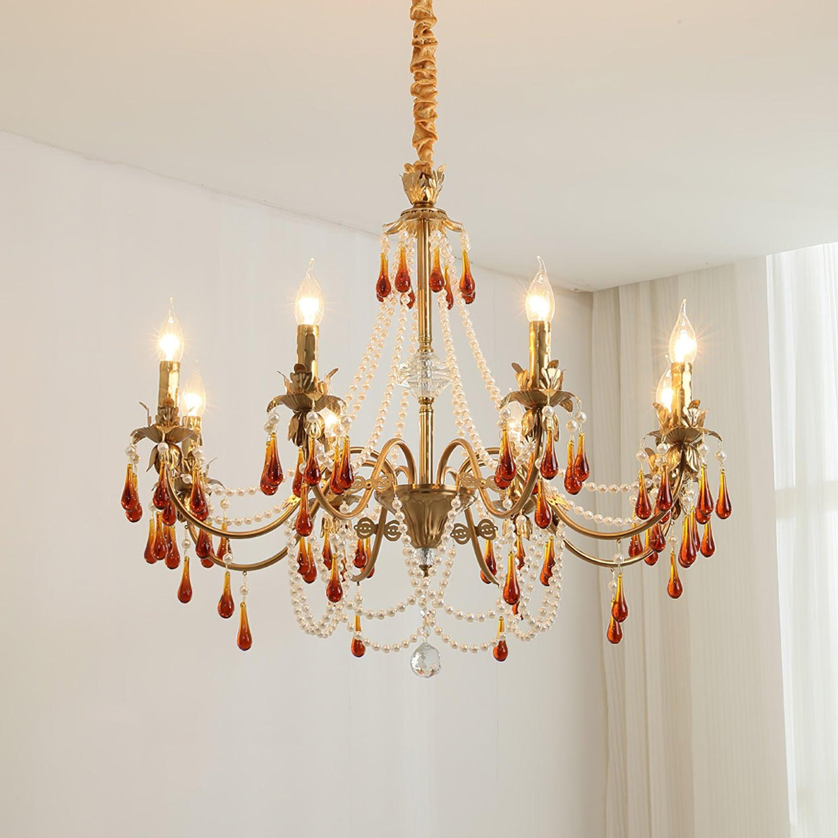 Aureate Amber Crystal Chandelier – Gold Brass Pendant Light for Dining Room