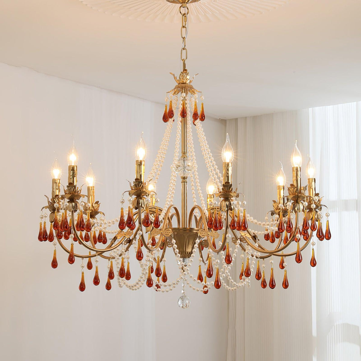 Aureate Amber Crystal Chandelier – Gold Brass Pendant Light for Dining Room