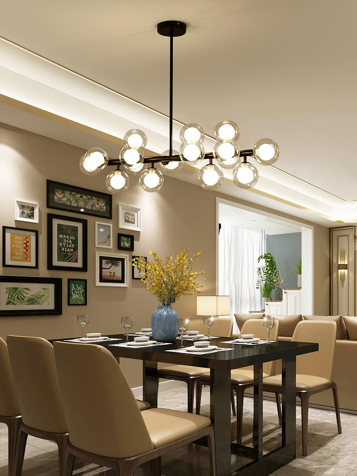 Aurelia 16-Light Glass Globe Chandelier in Black Metal for Dining Room