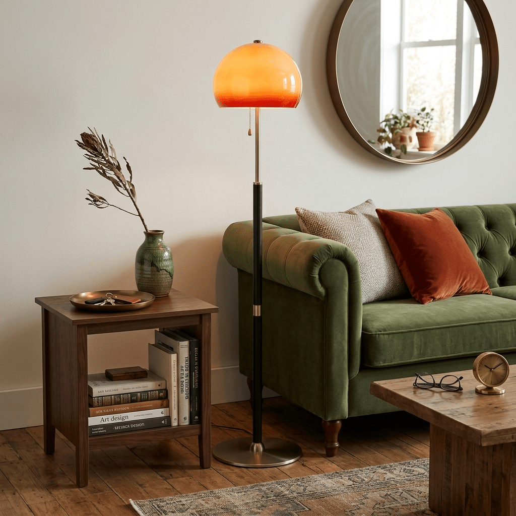 Aurelia Dome Floor Lamp with Amber Glass Shade and Wooden Stem