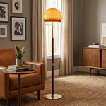 Aurelia Dome Floor Lamp with Amber Glass Shade and Wooden Stem