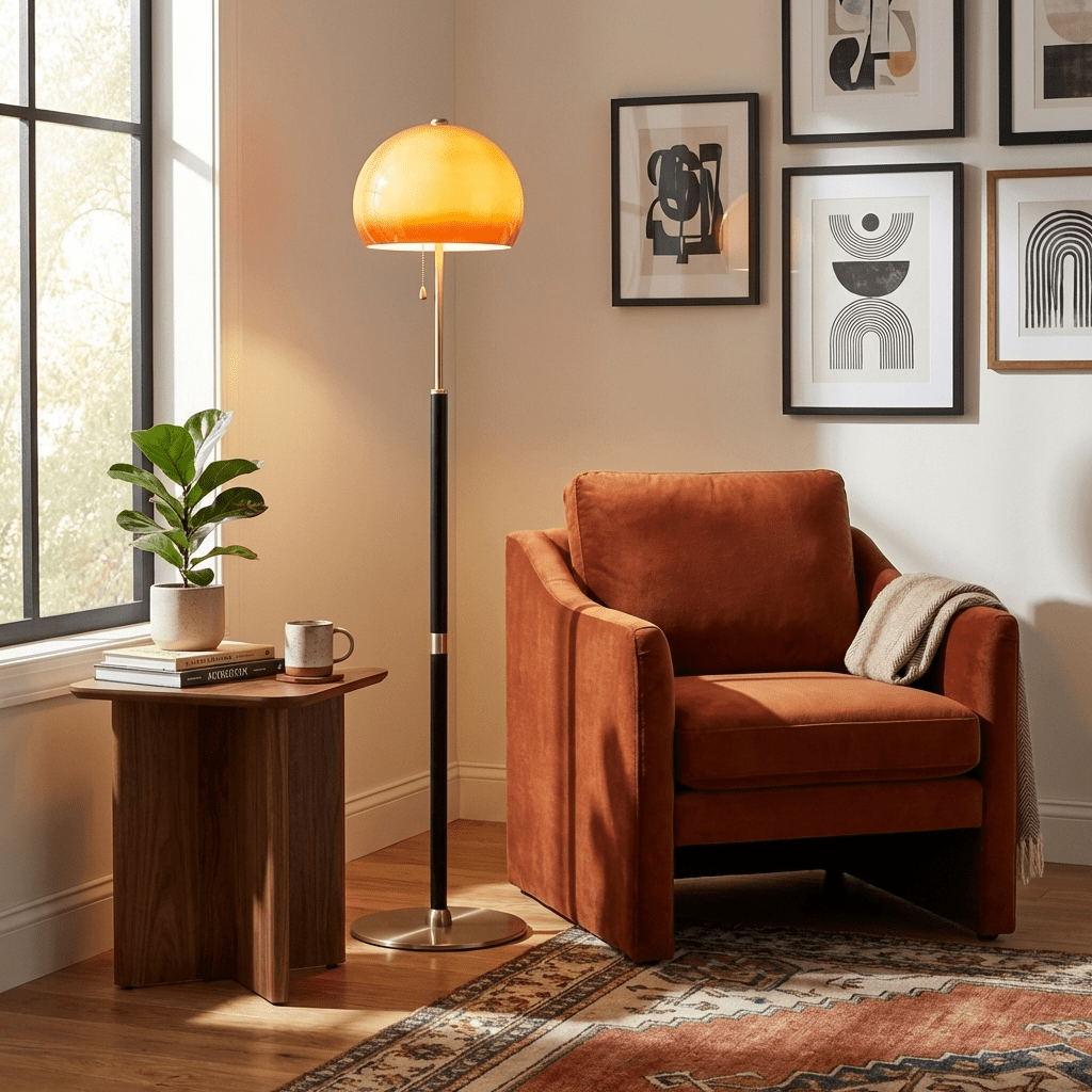 Aurelia Dome Floor Lamp with Amber Glass Shade and Wooden Stem