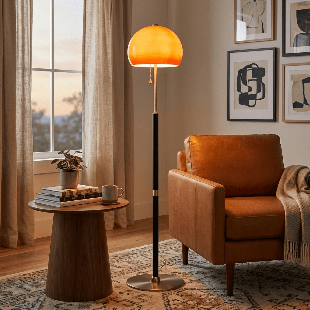 Aurelia Dome Floor Lamp with Amber Glass Shade and Wooden Stem