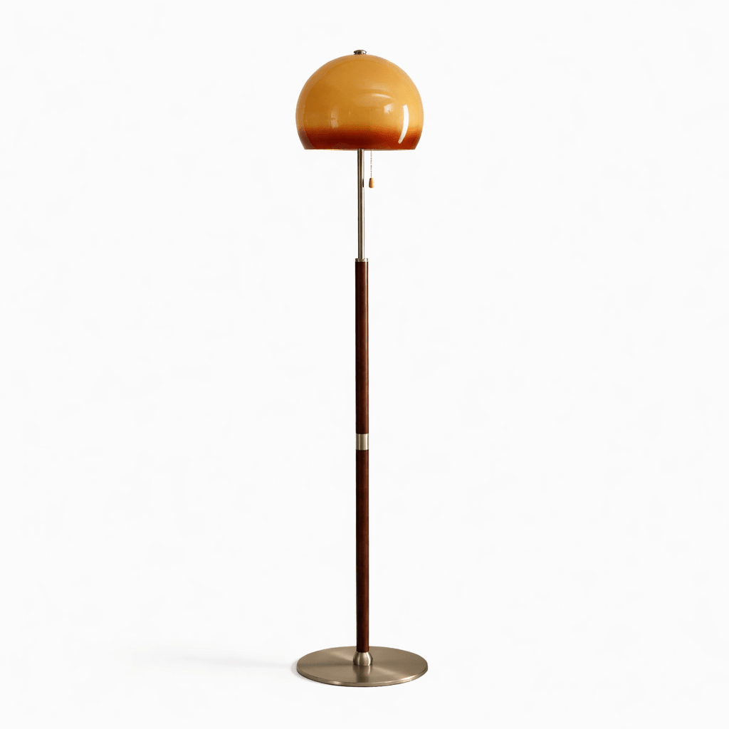 Aurelia Dome Floor Lamp with Amber Glass Shade and Wooden Stem