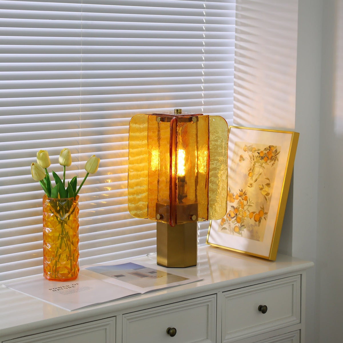 Aurelia Amber Glass Table Lamp with Brass Base for Bedside and Living Room