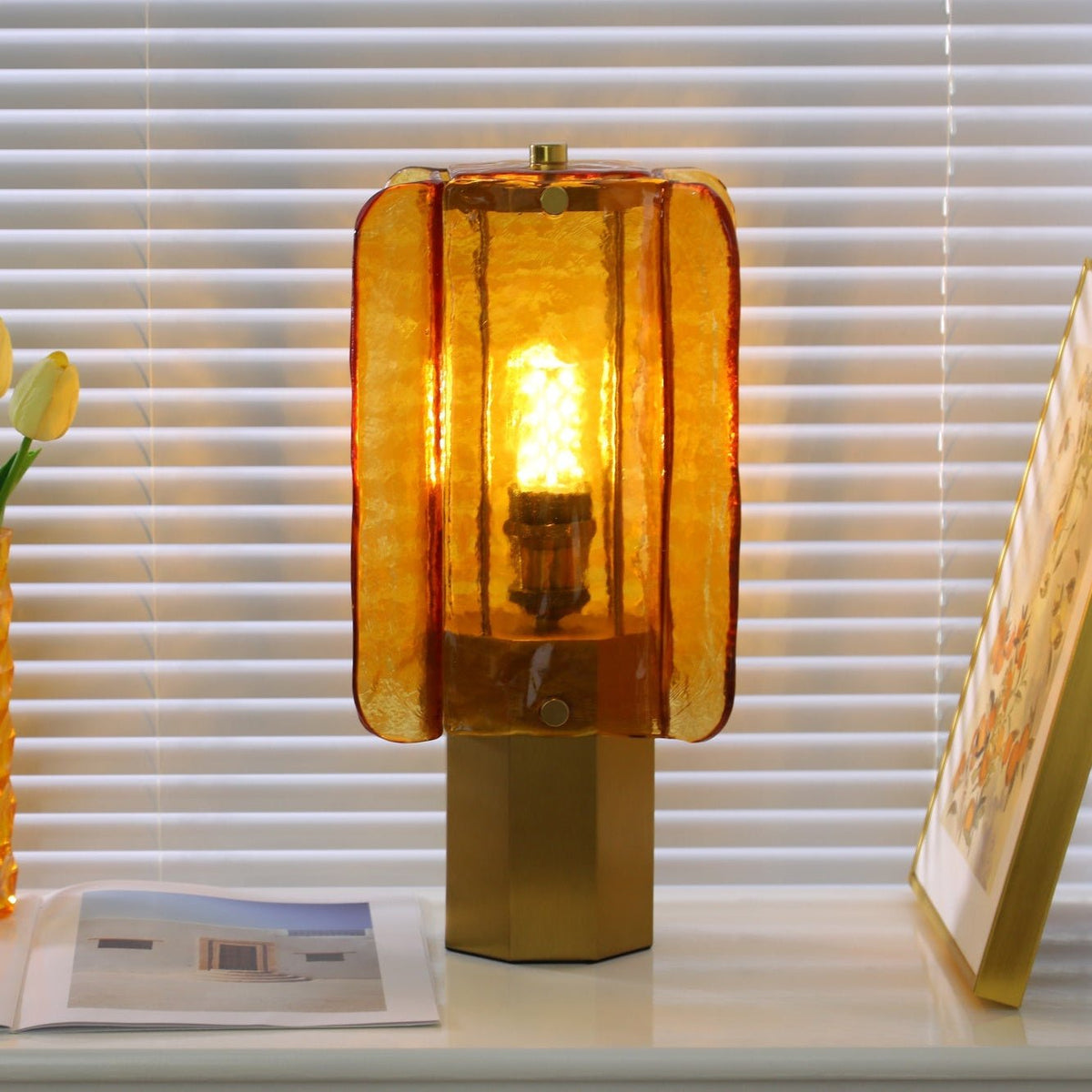 Aurelia Amber Glass Table Lamp with Brass Base for Bedside and Living Room