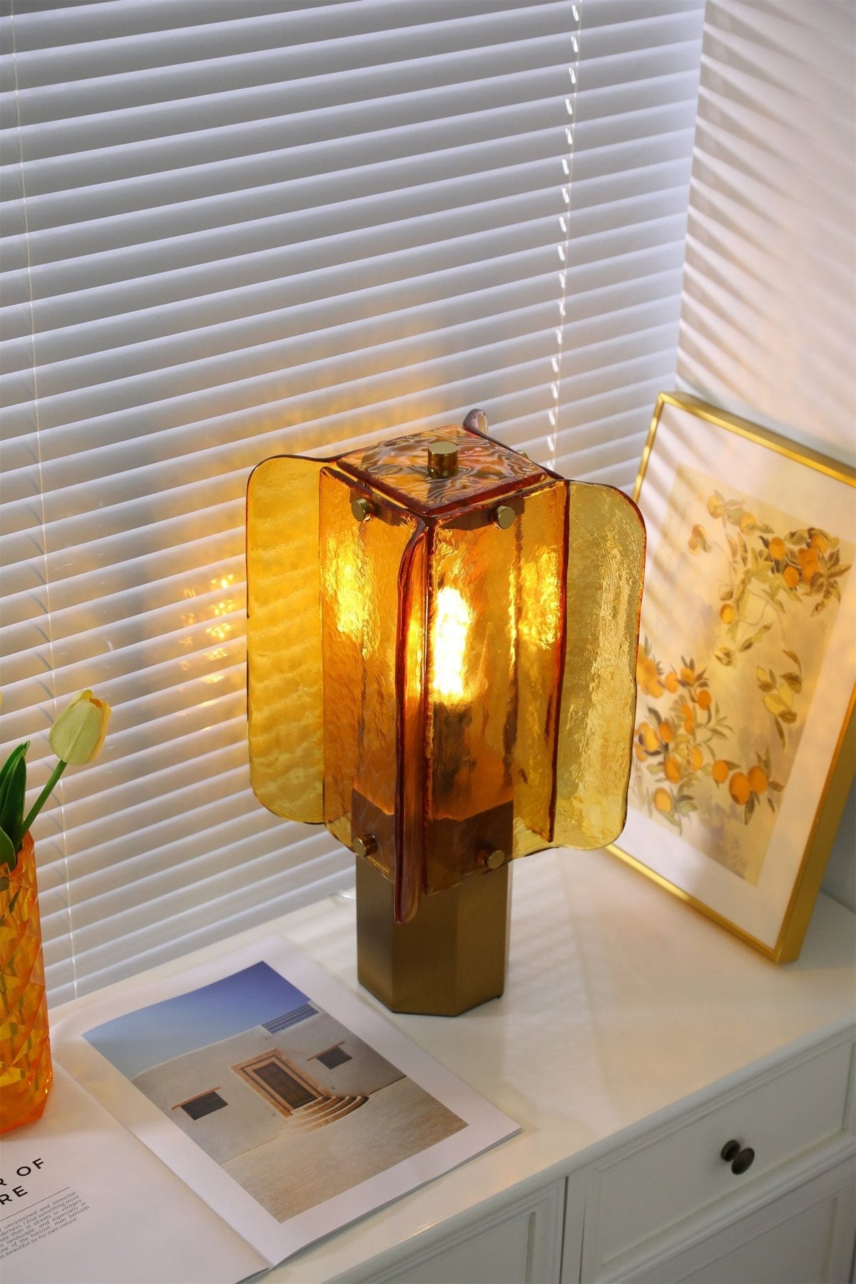 Aurelia Amber Glass Table Lamp with Brass Base for Bedside and Living Room