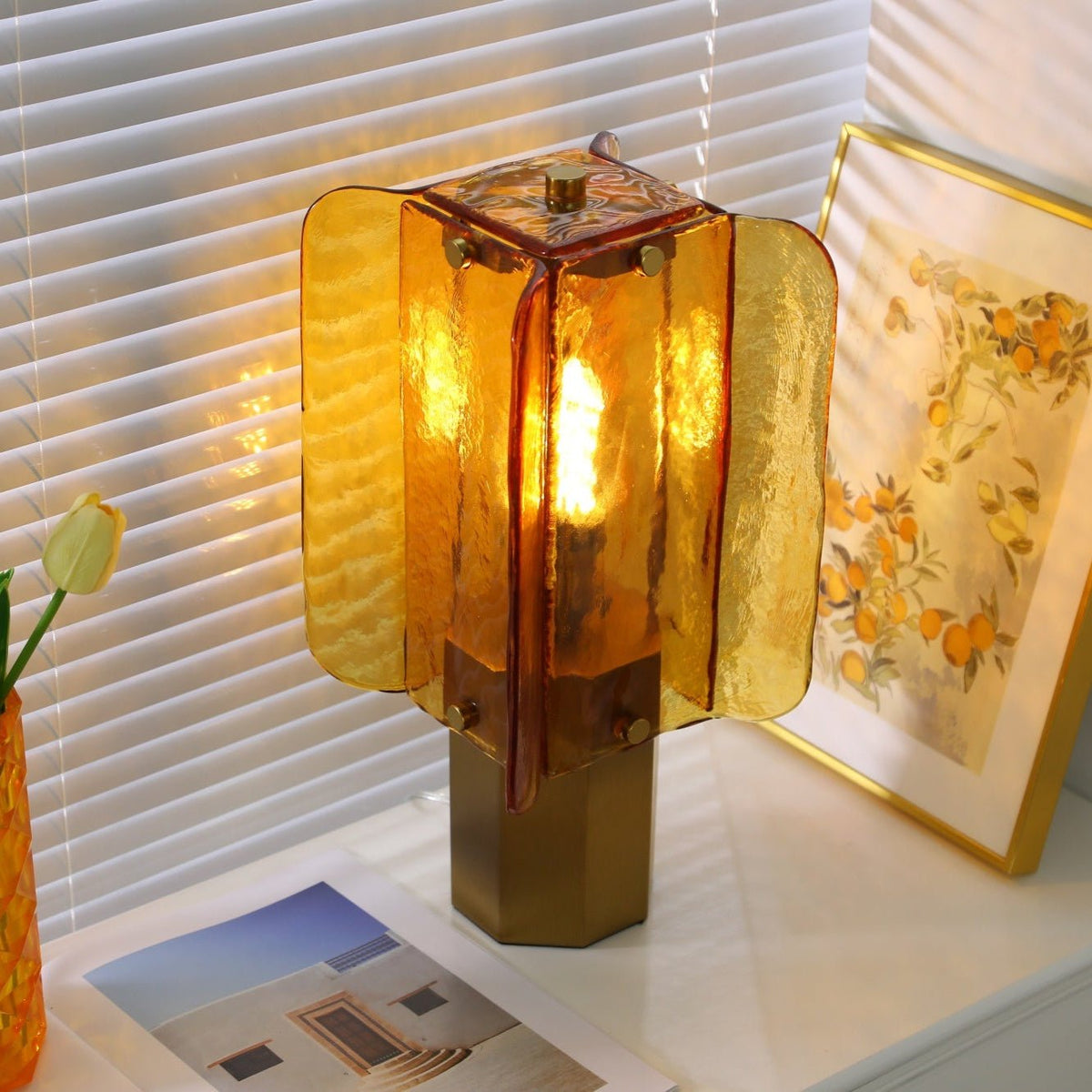 Aurelia Amber Glass Table Lamp with Brass Base for Bedside and Living Room