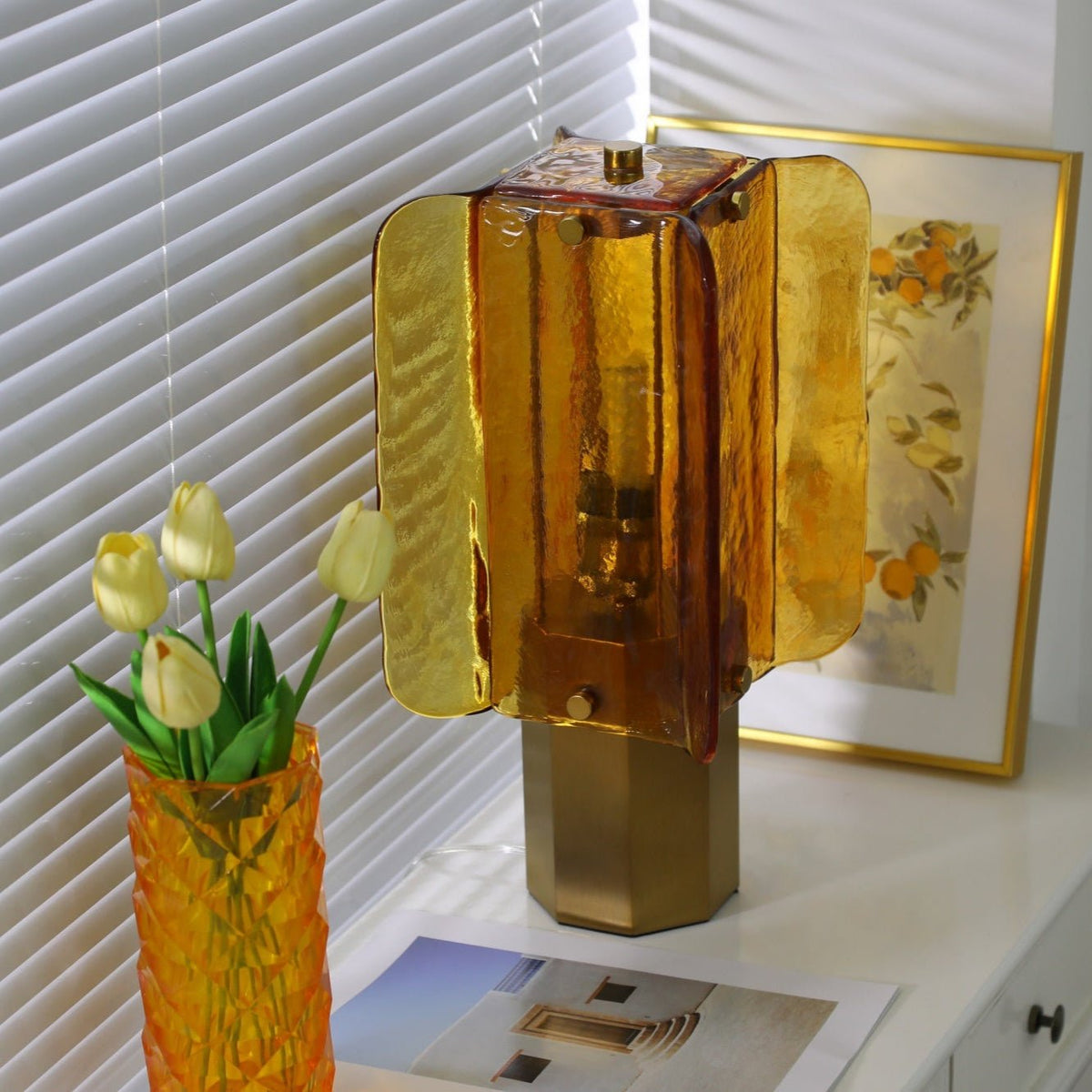 Aurelia Amber Glass Table Lamp with Brass Base for Bedside and Living Room