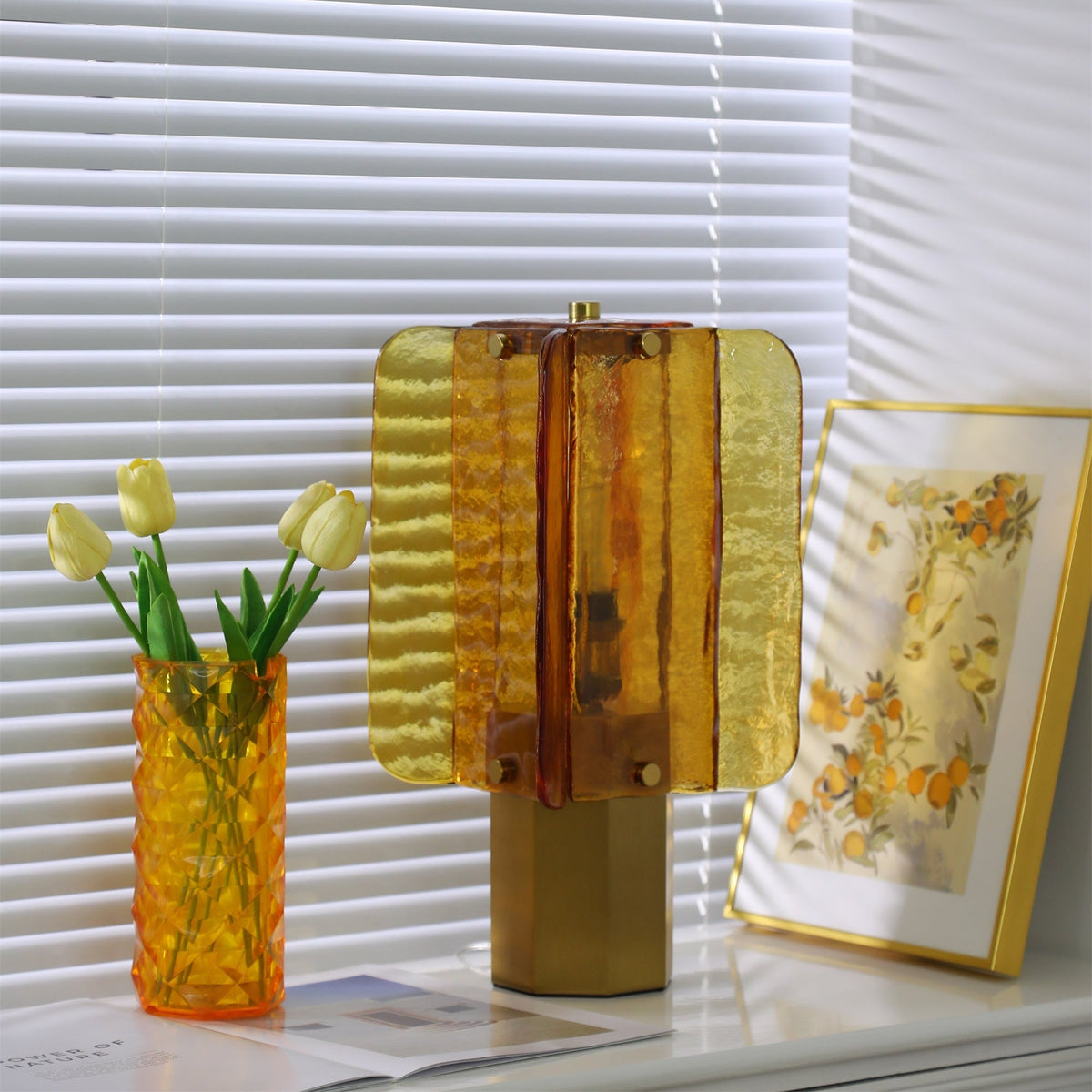 Aurelia Amber Glass Table Lamp with Brass Base for Bedside and Living Room