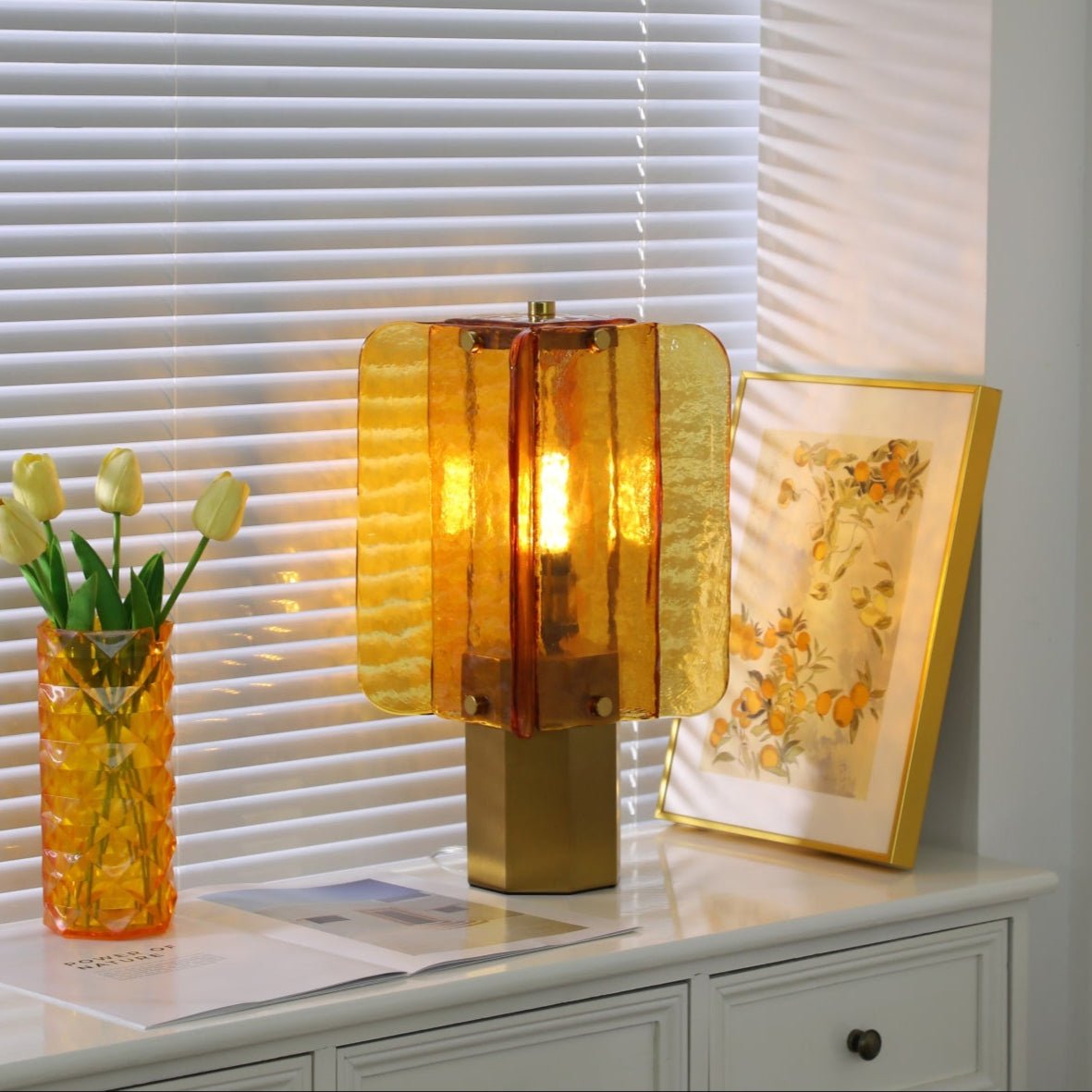 Aurelia Amber Glass Table Lamp with Brass Base for Bedside and Living Room