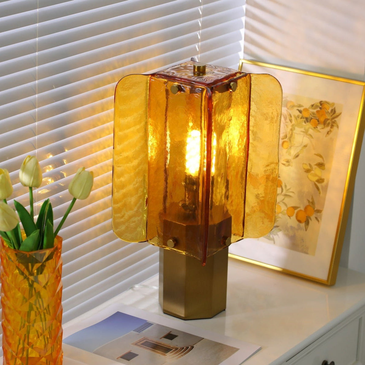Aurelia Amber Glass Table Lamp with Brass Base for Bedside and Living Room