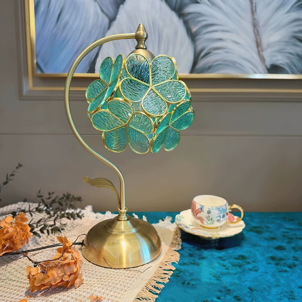 Aurelia Leaf Table Lamp – Seafoam Glass & Antique Brass Desk Light