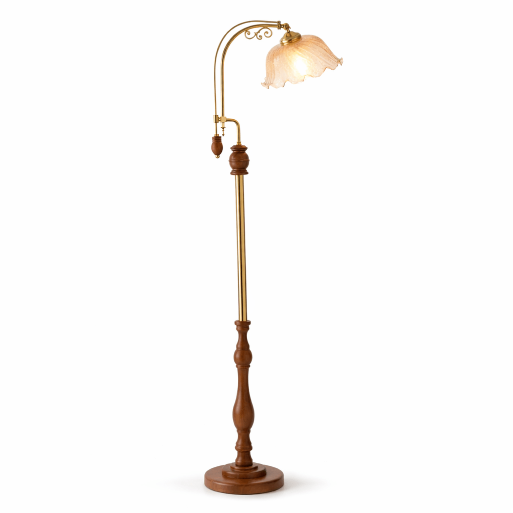 Aurelia Scroll Floor Lamp – Vintage Brass & Scalloped Glass Standing Light