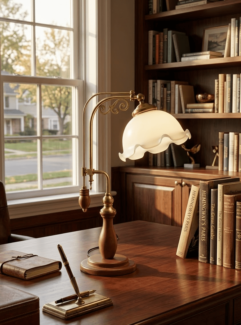 Aurelia Scroll Table Lamp with Brass Accents and Scalloped Glass Shade